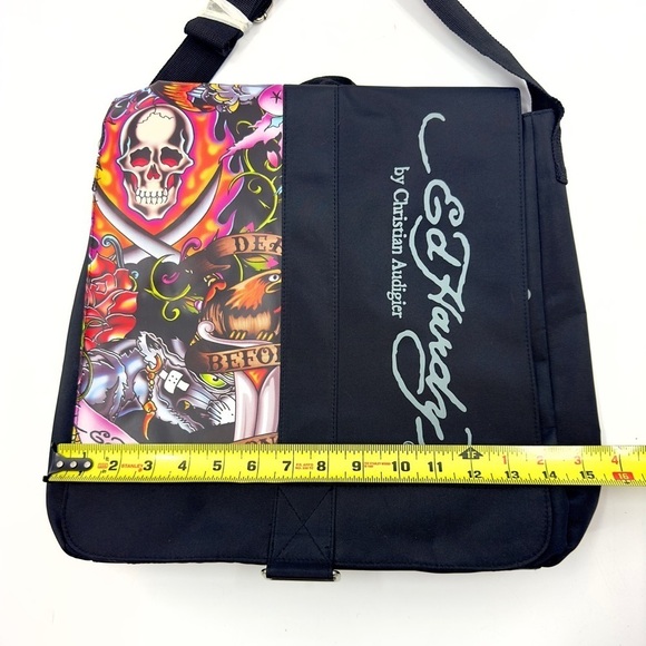 NEW Ed Hardy Messenger Bag Black Skull Tattoo Graphic Y2K Christian Audigier - Picture 10 of 11